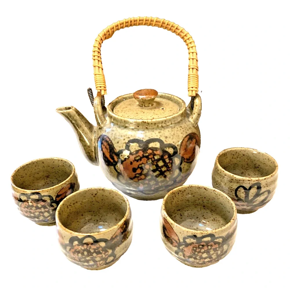 Vintage OMC Japan Tea Set Art Pottery Teapot & 4 Cups Stoneware Floral 70s Decor
